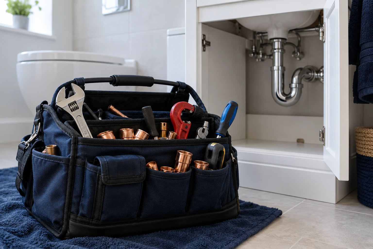 Professional plumbing tools beside a bathroom vanity